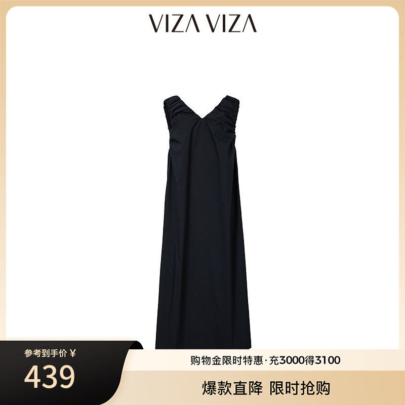 VIZA VIZA 夏季新款黑色气质长裙无袖V领连衣裙图片