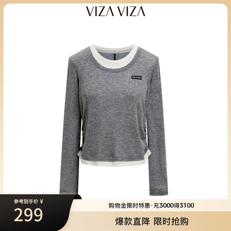 VIZA VIZA 2026秋季新款MIU系学院风撞色假两件灰色圆领长袖T恤女图片