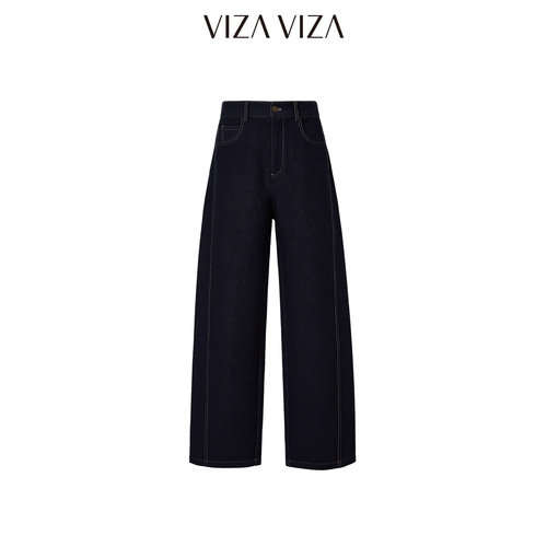VIZA VIZA 2026冬季新款通勤风简约休闲宽松蓝色高腰直筒牛仔裤女