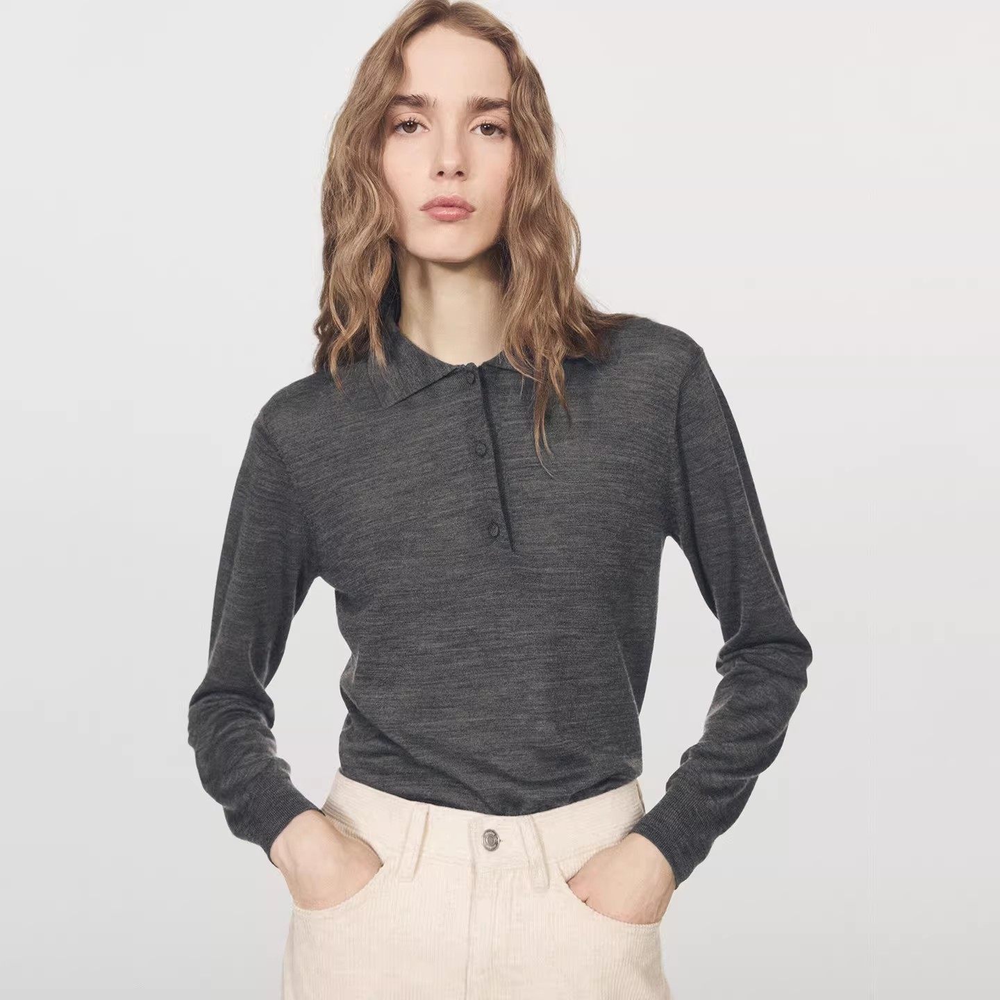 MD女装秋冬新品美式休闲风修身轻薄款纯色Polo衫领长袖套头针织衫