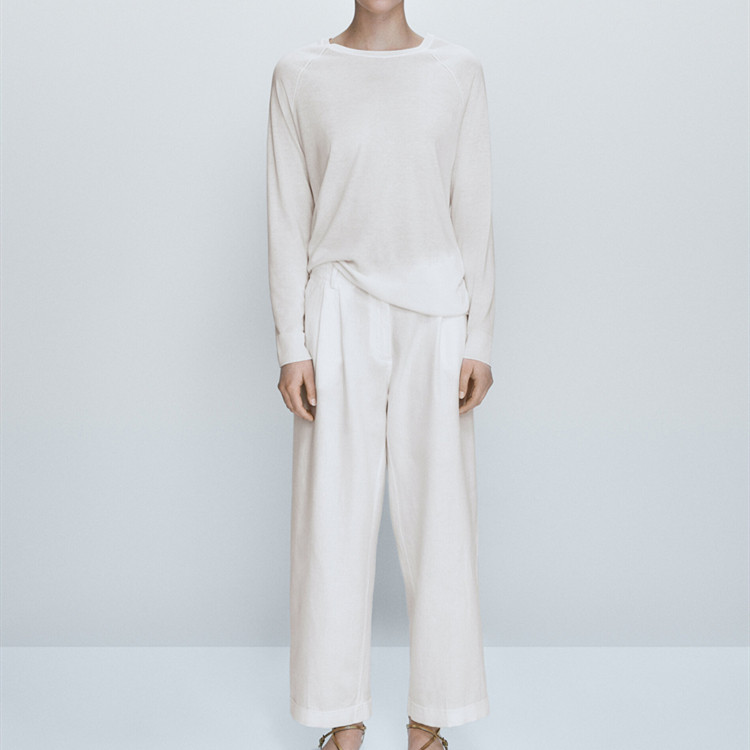 西班牙 女装 春夏新款棉麻混纺时尚百搭纯色打褶阔腿舒适休闲长裤