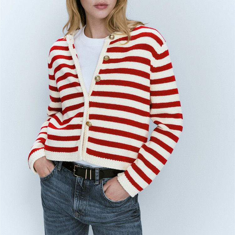 西班牙 女装 春秋新款法式通勤缀扣修身红白条纹针织开衫短款外套
