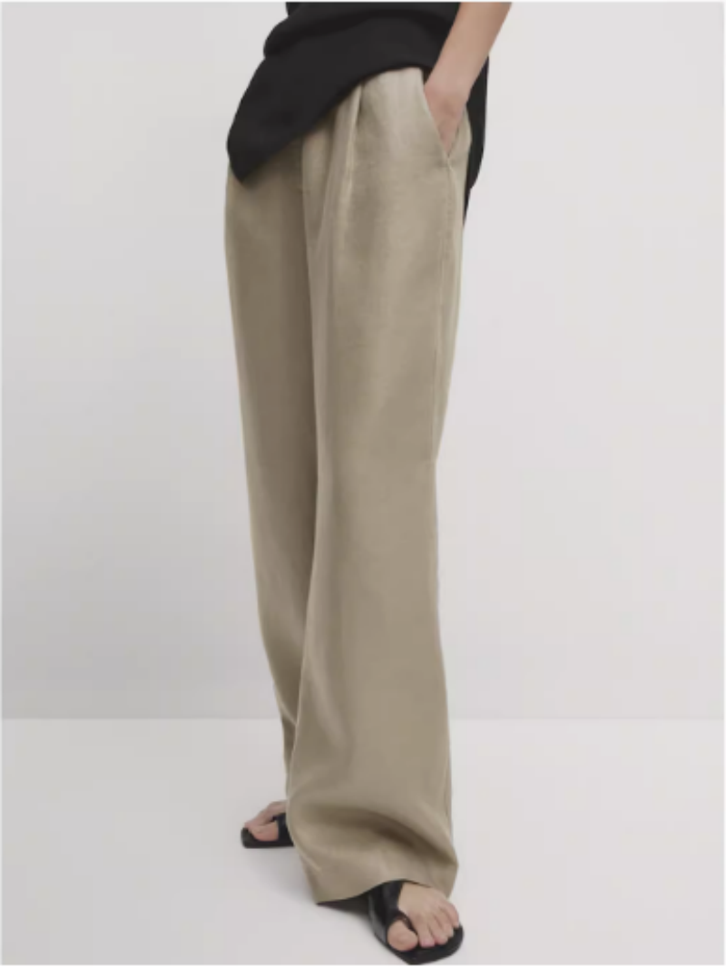 西班牙女装春夏新品休闲通勤风垂坠感棉麻纯色宽松直筒阔腿长裤子