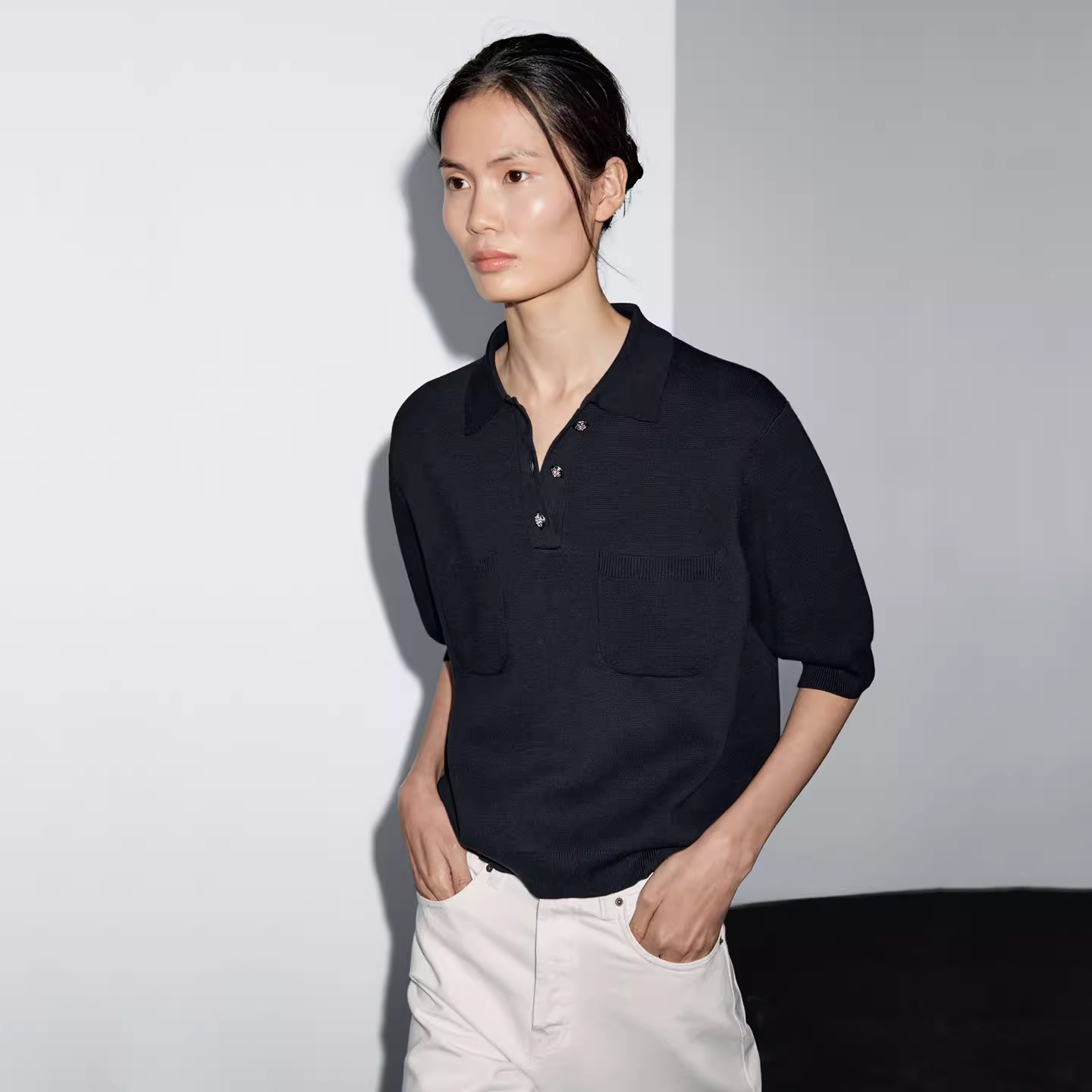 MD女装秋冬新品百搭修身简约智性风休闲复古翻领中袖POLO衫上衣女