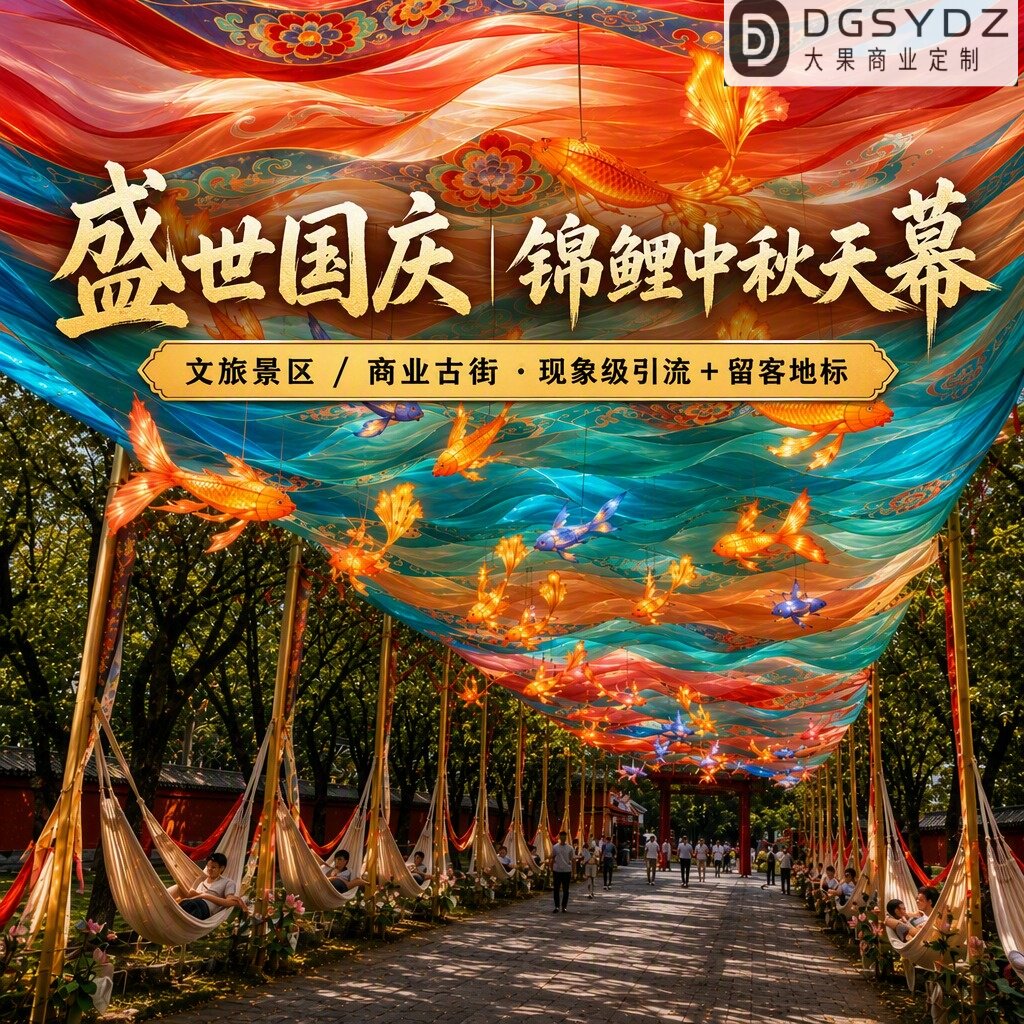 大型户外文旅景区网红打卡发光锦鲤灯笼波浪布天幕吊顶美陈