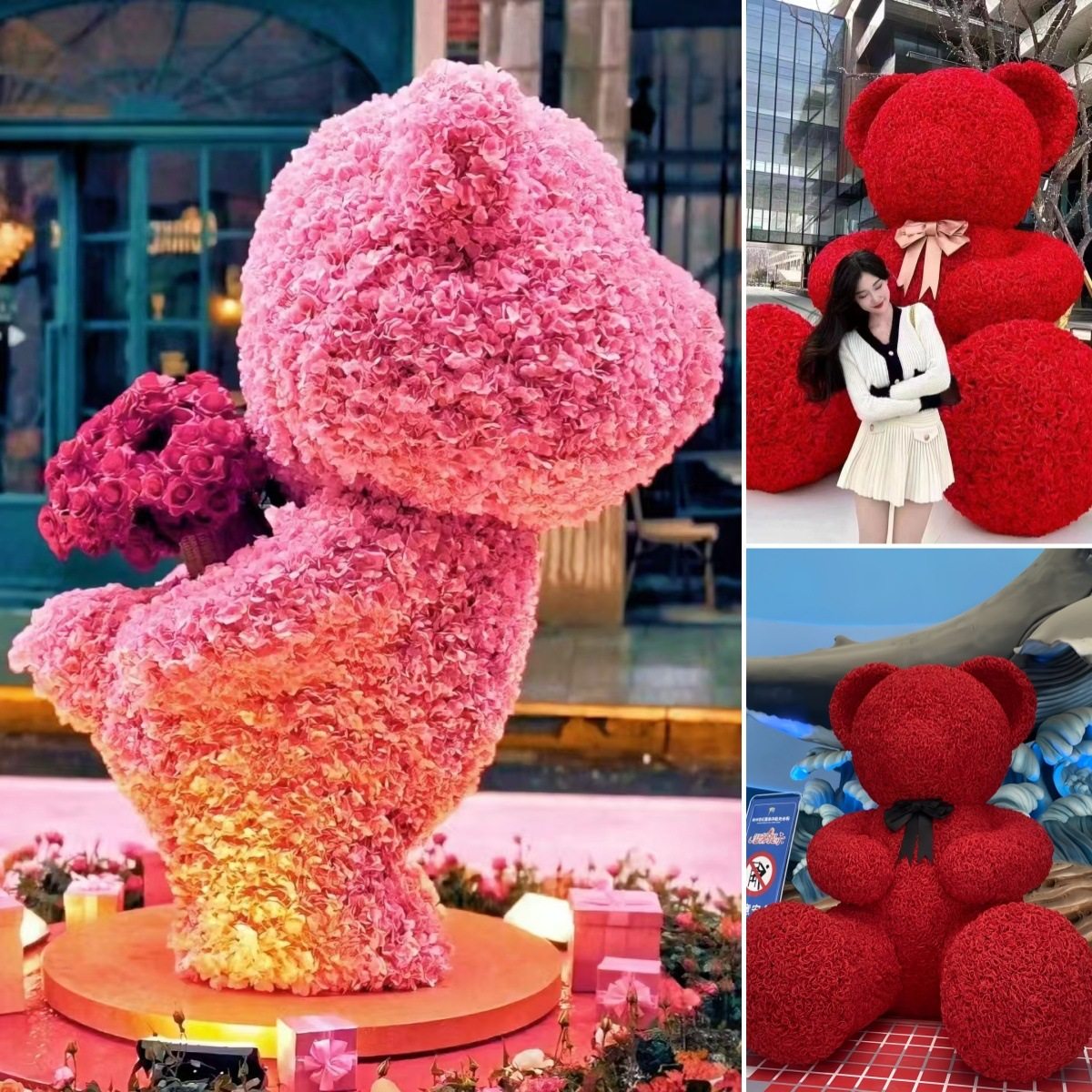 巨型玫瑰熊仿真绢花雕塑定制网红打卡拍照商场美陈装饰工艺品摆件,商业/办公家具,雕塑,淘宝优惠券,粉丝福利购,淘宝优惠卷