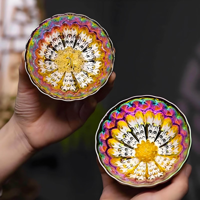 七彩孔雀杯金莲花茶杯金孔雀杯窑变陶瓷主人杯金色杯子茶盏茶具碗