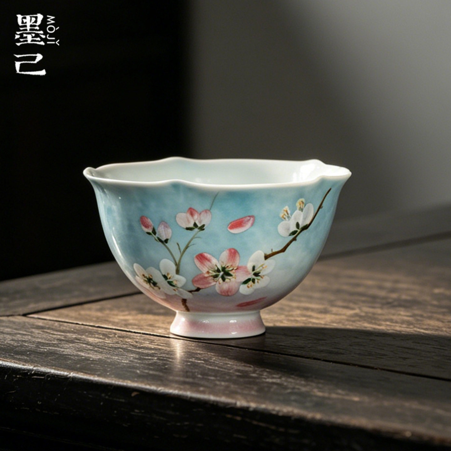 墨己国风手绘樱花高颜值陶瓷高足花口主人杯功夫茶具家用茶杯单杯