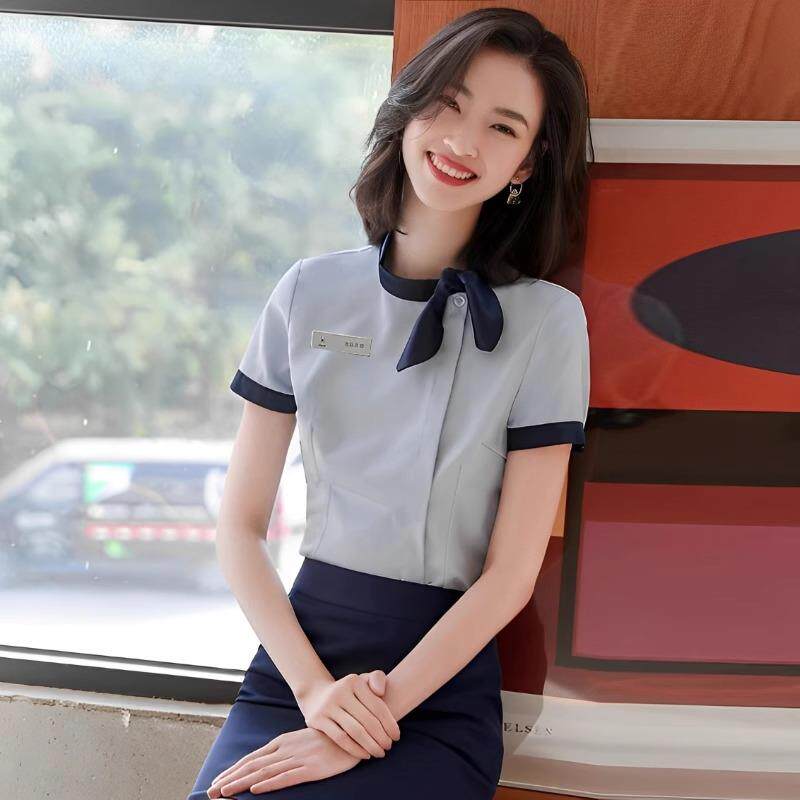 短袖白衬衫女夏季服务员工装空姐制服套装酒店前台美容院工作服