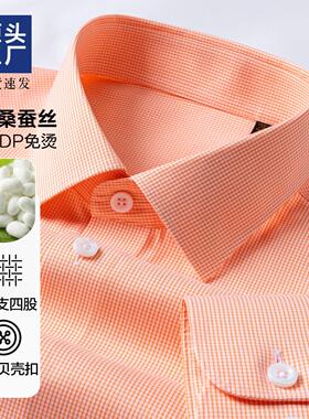 成衣免烫士衬衫长袖桑蚕丝方领橘色小格子抗皱通勤衬衣鲁泰240S