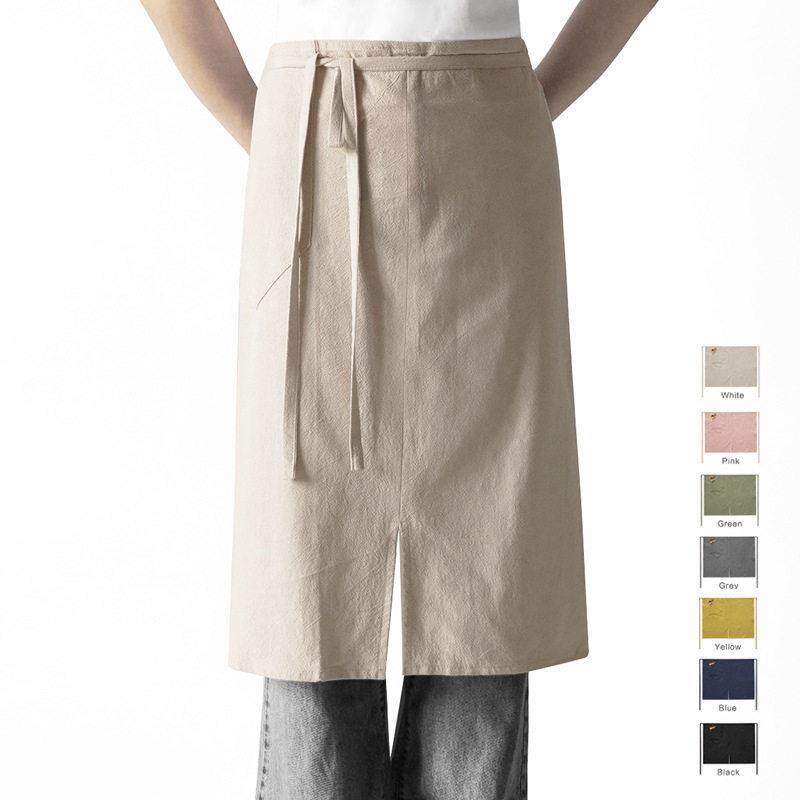 现简约纯色半身棉麻围裙女厨房服印字印logo跨境