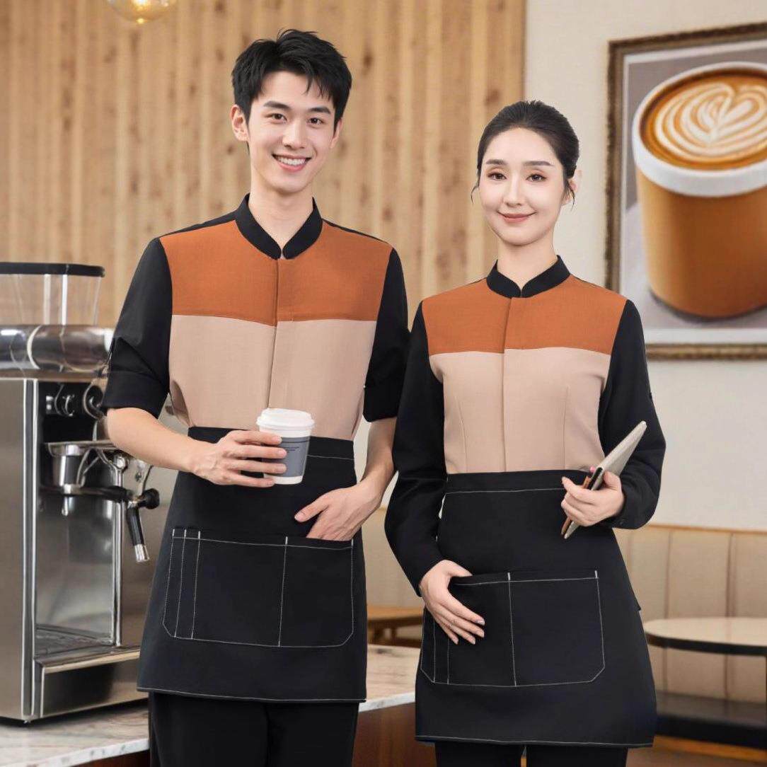餐饮服务员工作服调节长袖男女中西餐厅火锅饭店员工衣制服装刺绣