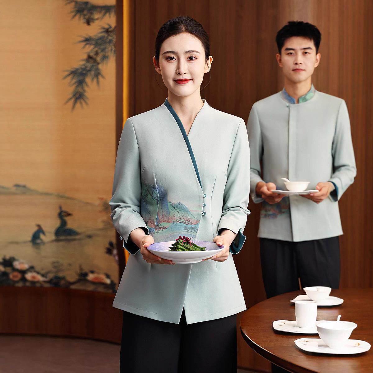服务员工作服女长袖秋冬装餐饮酒店饭店茶楼宴会厅冬季衣研堂服装