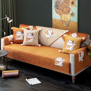 水晶绒沙发垫卡通招财猫贴布工艺刺绣沙发罩北欧现代布艺防滑定制