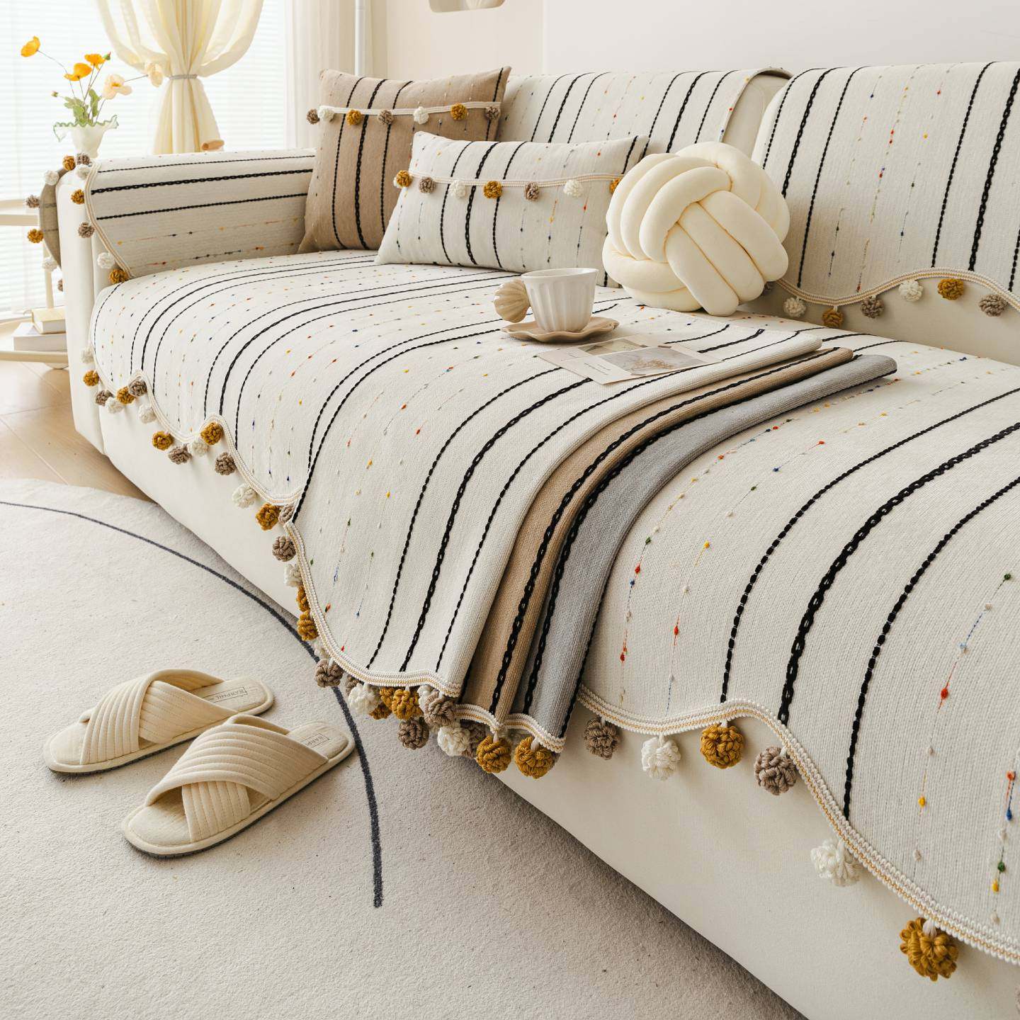 雪尼尔面料北欧风条纹沙发垫四季通用流苏装饰防滑坐垫家居沙发套,居家布艺,沙发垫,淘宝优惠券,粉丝福利购,淘宝优惠卷