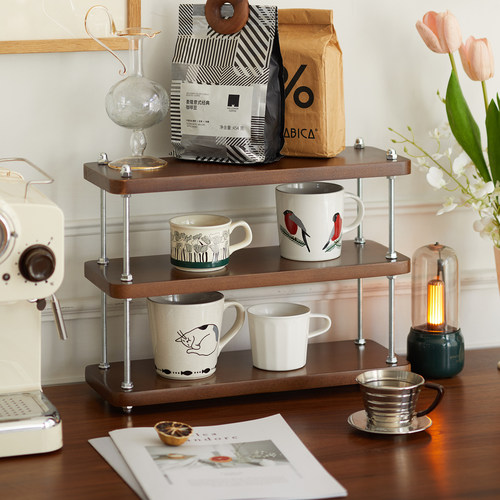 实木桌面多层杯架办公室收纳架