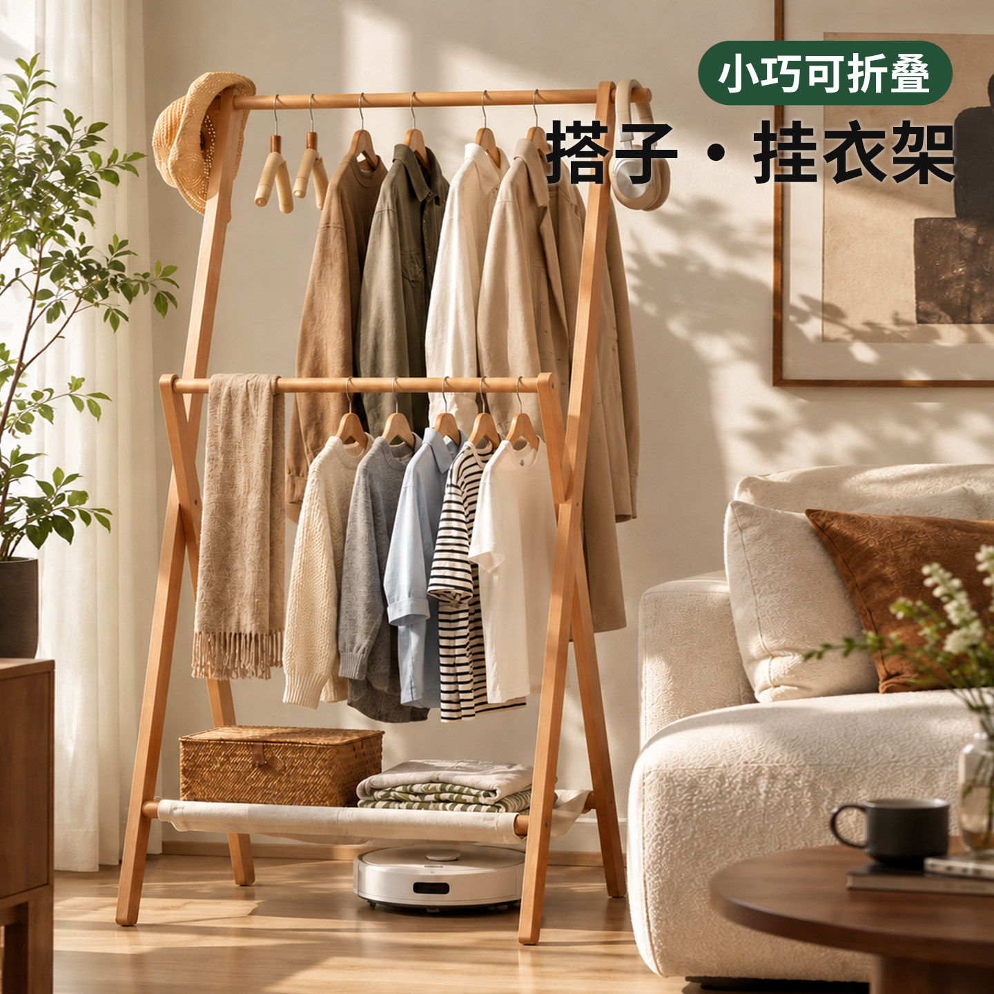 日式榉木衣帽架落地折叠挂衣架