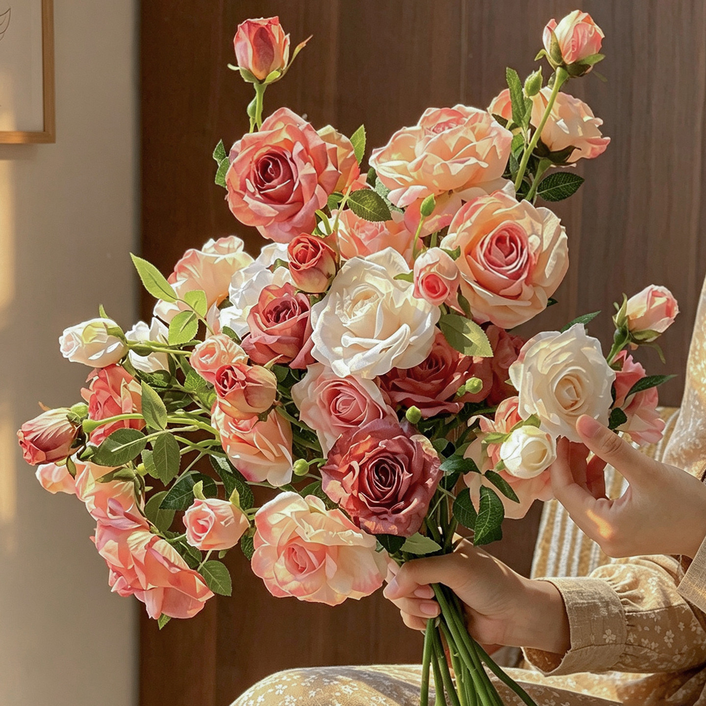 法式田园风焦边玫瑰花仿真花束绢花摆件月季花客厅软装插花摆件