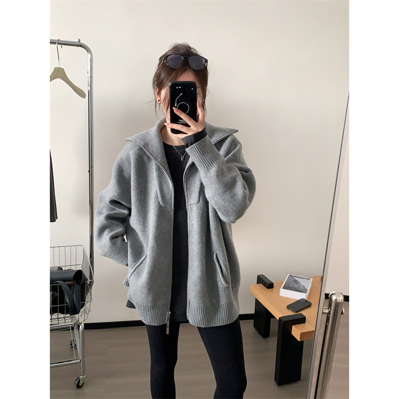 秋冬大翻领羊毛针织毛衣外套