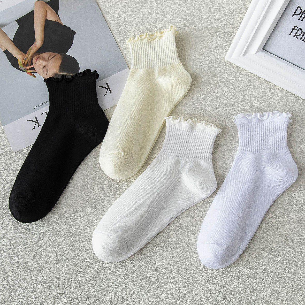 木耳花边白色袜子女春秋短袜ins潮可爱日系jk夏季薄款纯棉中筒袜