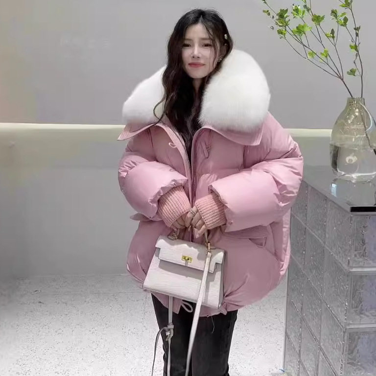 平湖羽绒服女中长款韩系冬季新款大毛领加厚保暖宽松休闲粉色外套