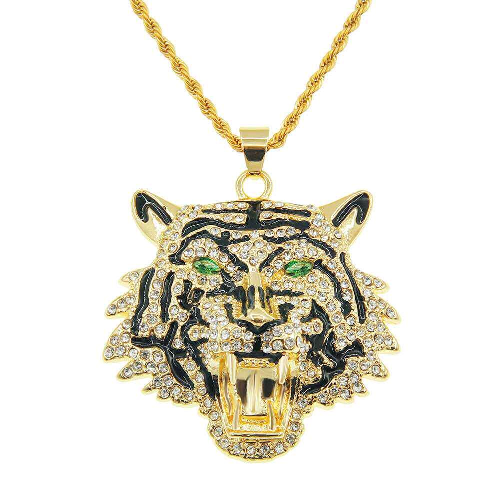 Hip-hop exaggerated green eyes tiger head pendant necklace m