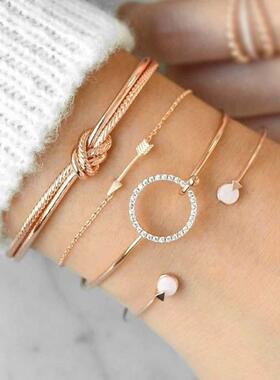 jewelry bracelets women 4pcs set 镶钻圆形箭头手镯女手链4件套