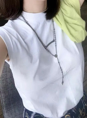 benao欧货白色无袖T恤新款夏季百搭基础宽松套头圆领字母刺绣纯色