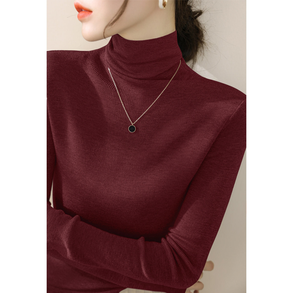 安哥拉红色100%羊毛高领修身毛衣女士风格套头衫坑条长袖针织底衫