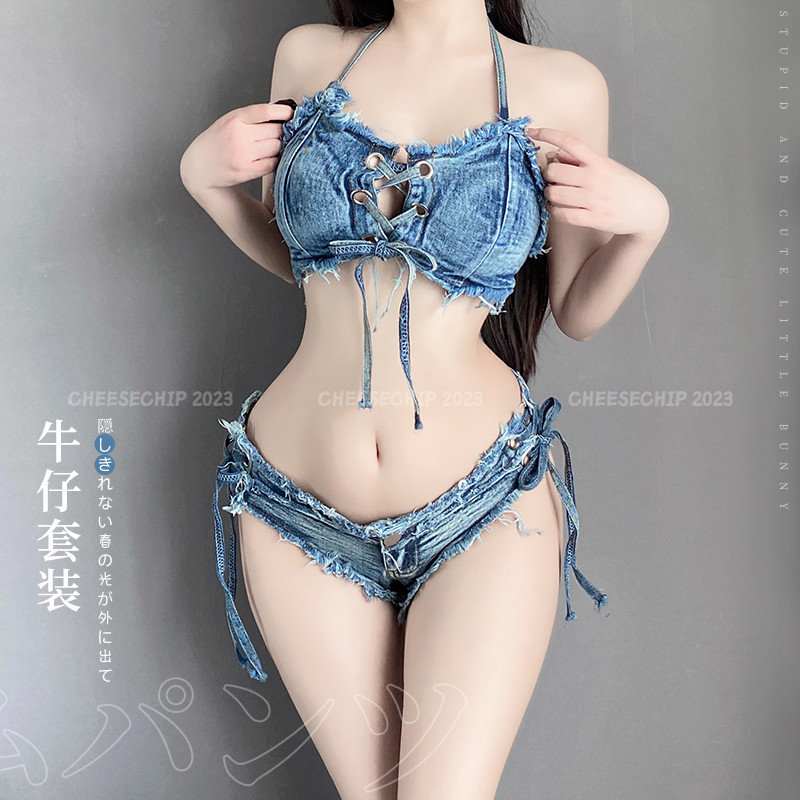 性感破洞牛仔套装内衣女牛仔短裤夜店辣妹诱惑情趣低腰夏天可外穿