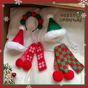 宠物猫咪圣诞围巾保暖新年球球围兜狗狗发箍帽子格子围脖装 饰饰品