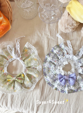 猫咪围兜狗狗口水巾蓝色草莓蕾丝围脖宠物围巾可爱装饰小型犬比熊