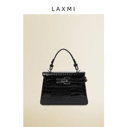 Laxmi亮面鳄鱼纹凯莉包黑色