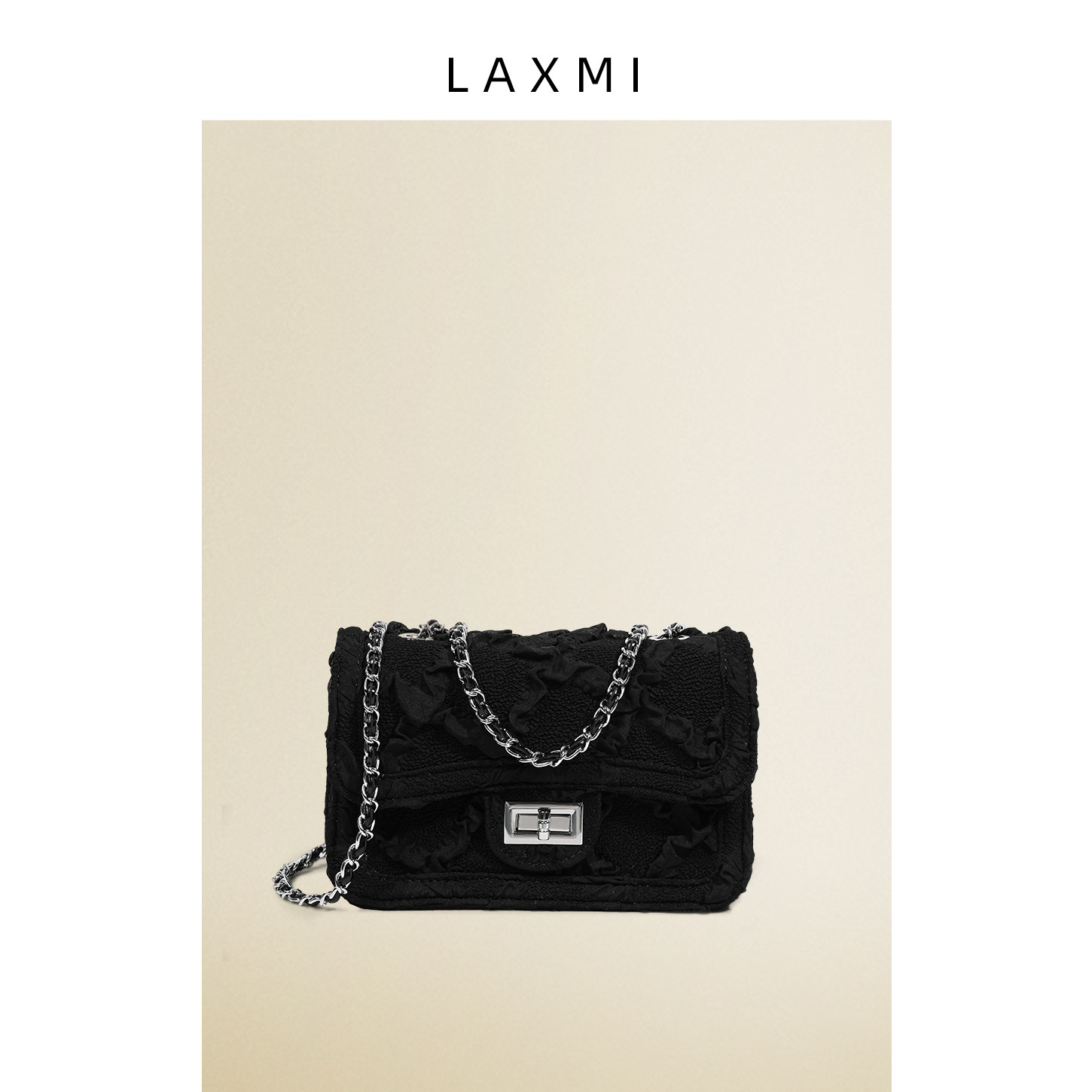 Laxmi原创黑色蕾丝链条小方包女时尚翻盖包百搭小众单肩斜挎女包