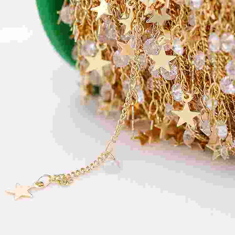 新款精美手链首饰多形状锆石链条 星星叶子14k金铜链耳饰材料