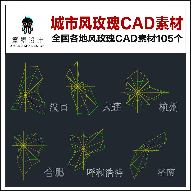 105个全国各地大城市北京上海广州风玫瑰图cad素材源文件资料