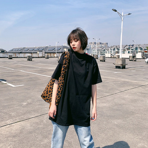 短袖宽松常规半高领纯棉女