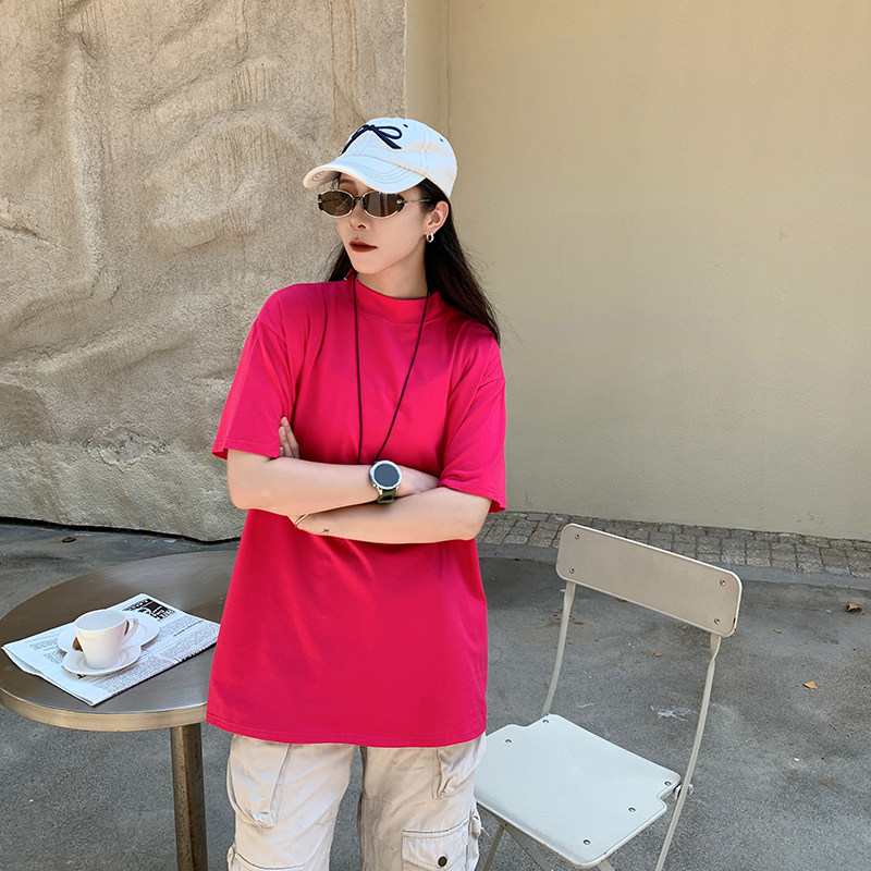 中长款纯棉小立领短袖t恤女宽松遮屁股显瘦半高领短袖打底衫上衣