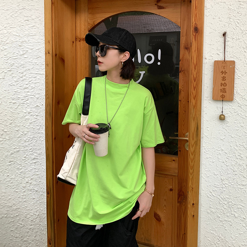 半高领短袖t恤女夏季纯棉宽松大码纯色下衣失踪中长款净版打底衫