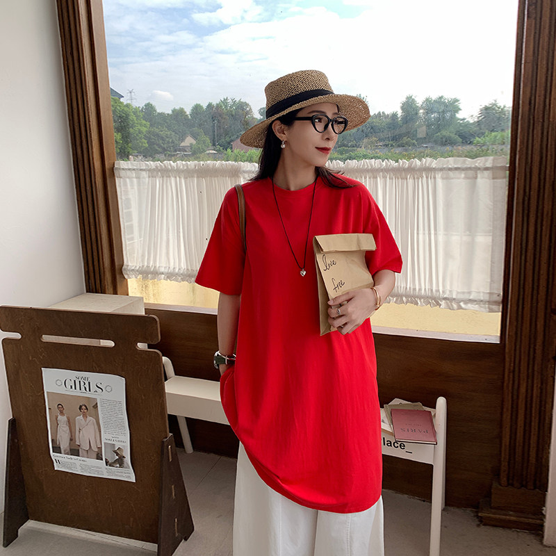 长款短袖t恤女大码宽松显瘦遮肉纯棉200斤胖mm红色休闲上衣打底衫
