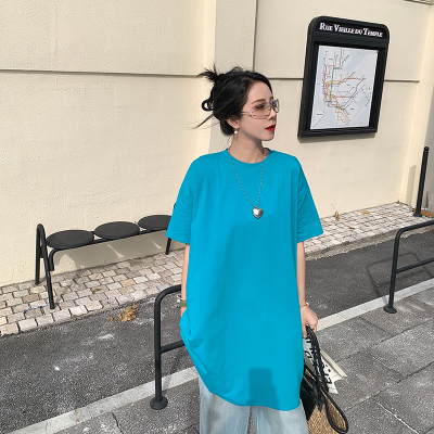 孔雀蓝长款短袖T恤女夏遮臀显瘦