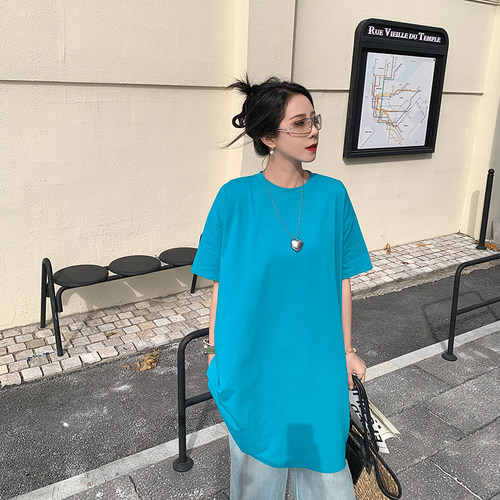 孔雀蓝长款短袖T恤女夏遮臀显瘦