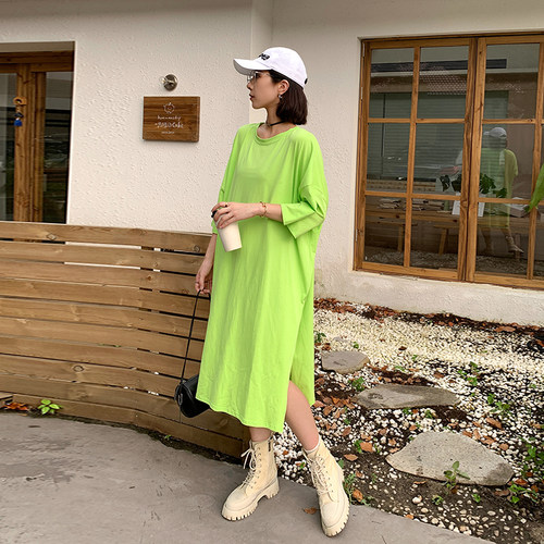 长款过膝t恤女宽松大码下摆开叉