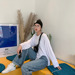 莫代尔长袖t恤女夏薄款宽松不规则开叉上衣设计感小众中长款打底