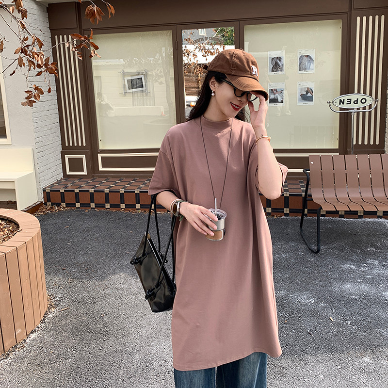 中长款纯棉小立领短袖t恤女大码宽松慵懒风显瘦半高领彩色打底衫