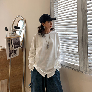 圆领纯色长袖t恤女秋季韩版下摆不规则开叉宽松慵懒风上衣打底衫