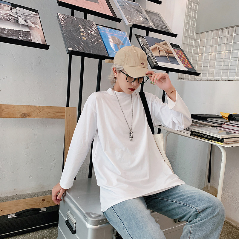 2026新款纯棉半高领宽松大码中长款t恤女长袖春秋百搭上衣打底衫