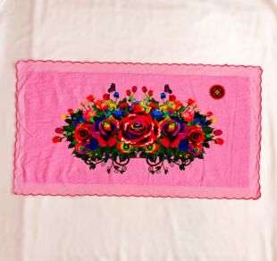 老式枕巾少数民族帕子纯棉割绒数码印花头巾(银丝月牙边)87*48cm