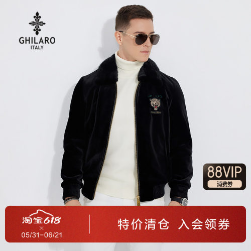 古劳男装水貂毛领金丝绒夹克外套