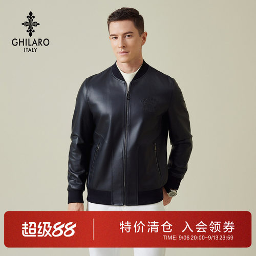 吉那诺男装棒球领绵羊皮真皮皮衣